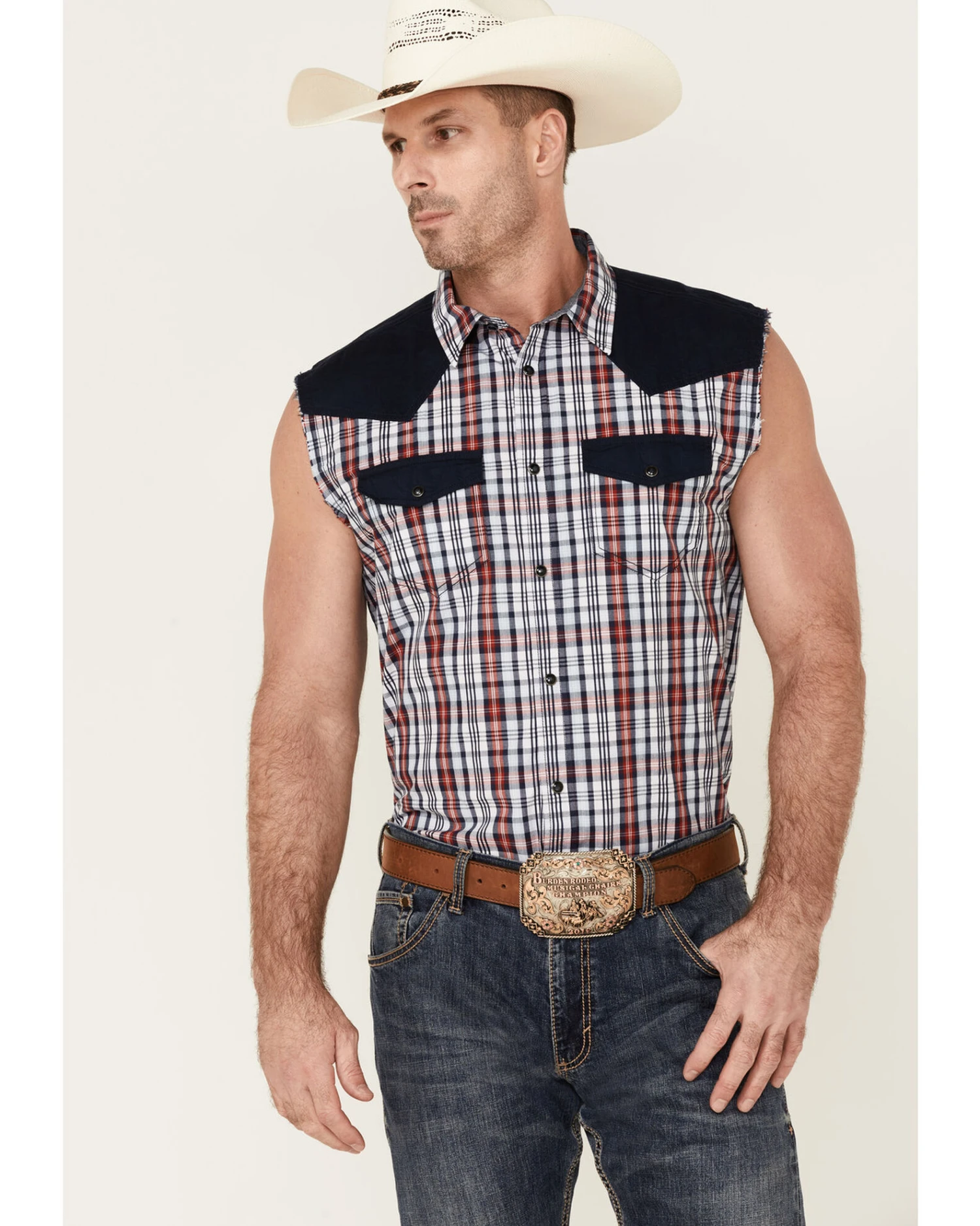 Cody James Men's Anthem Plaid Bubba Sleeveless Snap Western Shirt Cody James Men's Anthem Plaid Bubba Sleeveless Snap Western Shirt -Cody James Sales 2000359538 100 P1