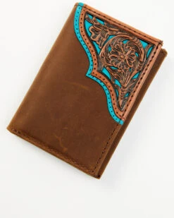 Cody James Men's Turquoise Underlay & Brown Tooled Trifold Wallet